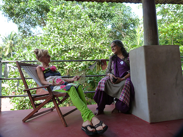 Sylvie Bantle, German writer and performer in conversation with Mrinalini Gopinath, a Naturopathy/Reiki practitioner during the 63rd edition of Alappuzha Wellbeing Tibetan Medical Camp organised jointly by Friends of Tibet Foundation for the Wellbeing and Men-Tsee-Khang, Tibetan Medical and Astrological Institute of HH the Dalai Lama from July 11-13, 2018.