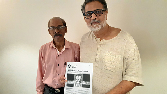 July 17, 2019: Suresh Babu of Friends of Tibet Research Centre gives a copy of the first 'Wellbeing Holistic Guide' on Diabetes Mellitus to Tushar Gandhi, great-grandson of Mahatma Gandhi and Kasturba Gandhi.
